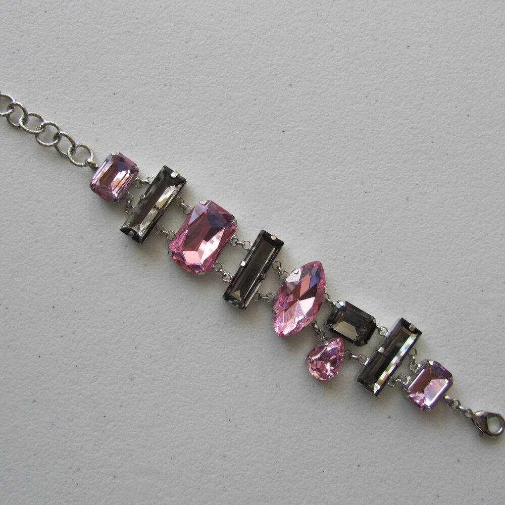 Queen Pink and Gray Crystal Elements Stones Art Deco Adjustable Clasp Bracelet